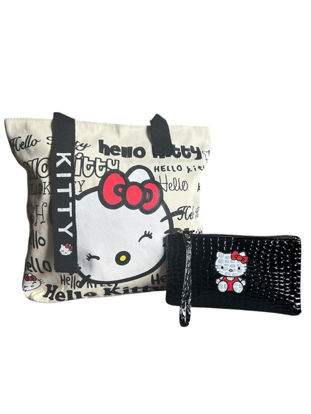 Hello Kitty Cream Canvas Tote & a Black Faux-Croc Wristlet Set with Hello Kitty.
